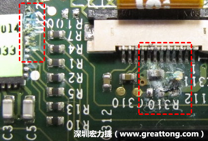 電路板疑似腐蝕氧化，懷疑電流異常過熱造成