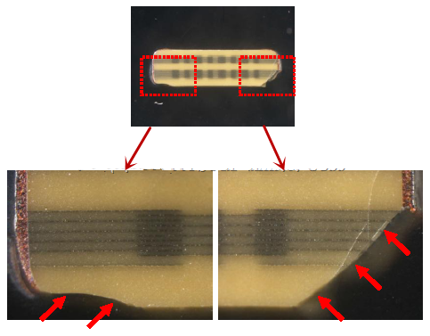 從破裂的現(xiàn)象與電容廠商切片的照片看來，破裂的痕跡從端接處以斜角裂開，電容零件的確像是機(jī)械外應(yīng)力所造成的破裂。