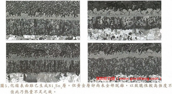 下面四圖顯示，當(dāng)焊接的熱量不足或未持續(xù)時(shí)，雖然Ni3Sn4的薄薄IMC層已經(jīng)生成而焊牢，但也會(huì)因?yàn)锳uSn及AuSn2還未來得及逸走，而停留在共金介面附近，當(dāng)有外力拉扯的時(shí)候，就很容易斷裂開來。這就是為何ENIG的焊點(diǎn)強(qiáng)度，始終不如銅面焊點(diǎn)(Cu6Sn5)來得更為牢固的主因之一。