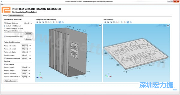電鍍App允許PCB板設(shè)計人員導(dǎo)入不同的設(shè)計(包含或不含虛置圖形)，點擊計算，然后就能查看所仿真的厚度均勻性-深圳宏力捷