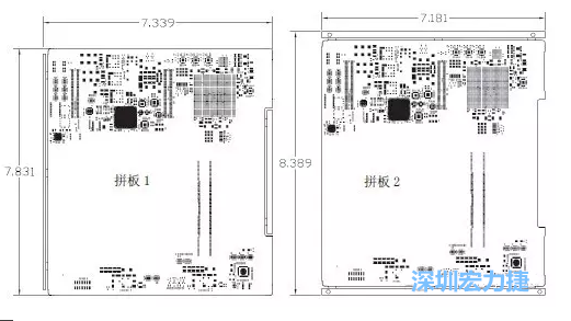 如圖11所示在兩種拼板中PCB單元的邊條位置不同，拼板1中邊條在長(zhǎng)邊方向，而拼板2中邊條在短邊方向-深圳宏力捷
