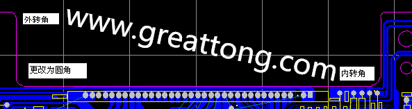 PCB設(shè)計(jì)時(shí)單面板的轉(zhuǎn)角都需為圓角，R1.0mm或R2.0mm為宜。