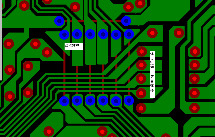 PCB設(shè)計焊點過密，易造成波峰連焊，焊點間漏電