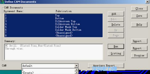 回到Dsfine CAM Documents窗口 ，將所有須輸出的文件用鼠標(biāo)拉住選擇，按Run輸出，默認(rèn)輸出路徑是安裝目錄的\CAM\default，也可按CAM的Create更改