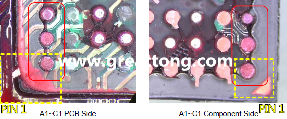 PIN-1的位置很重要，不知道Pin-1在哪里？那你怎么知道斷裂錫球在PCB的位置，如何判斷可能的應(yīng)力(Stress) 影響。一般在PCB的絲印層(白漆)上面一定會標(biāo)示零件的PIN-1位置，有的未打一個圓點，有的會畫三角形，但這張照片在PCB的PIN-1被紅墨水遮住了，如果可以的話建議那一塊沒有紅墨水的板子對照一下。