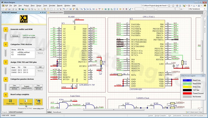 XJTAG DFT Assistant的Access Viewer模式可以清楚地顯示可用的測試存取層級，讓電路板設(shè)計(jì)人員在展開PCB布局以前的原理圖擷取階段盡可能地提高測試存取能力
