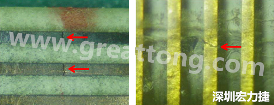 一旦找到確切的銅箔線路斷裂位置，如果還是無法觀察到斷裂的現(xiàn)象，就試著在顯微鏡下彎曲該位置的軟板，這樣就可以突顯并放大斷裂銅箔的開口了。 