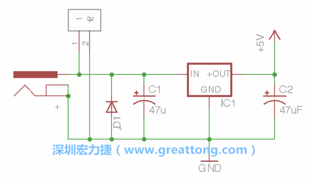 2.5.    新增一個二極體，它會以水平的狀態(tài)出現(xiàn)在屏幕上，請使用「旋轉(zhuǎn)（Rotate）」工具把它負極那一面朝上，并且用「網(wǎng)絡連接」工具將它連接在電壓調(diào)整器的輸入端和接地端之間。