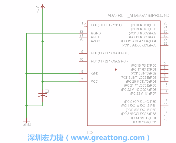 3.1.    新增微控制器晶片（RBBB → ATmega），把它放在電路原理圖的中央附近，把它的兩個接地接頭連接到接地訊號端。