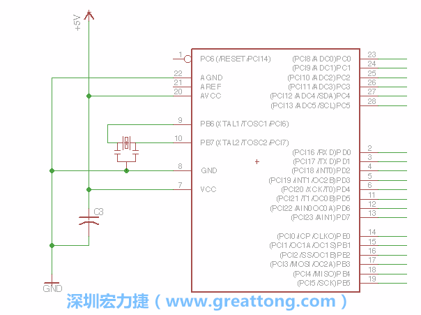 3.2.    在靠近ATmega的電源供應(yīng)針腳7的位置放置一個0.1μF的電容，將它分別連接電源、接地端和針腳7。