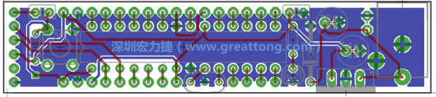第二篇文章則帶領你進行電路板上的布線、連結(jié)點的配置，并利用「設計規(guī)則檢查（Design Rule Check）」測試你的設計，第二篇文章的電路板設計圖將如下所示：