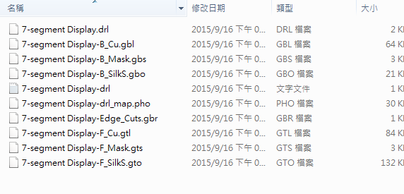 所謂Gerber檔，其實是包含一群檔案 (如下圖所示)，如包含正反面銅箔層 F.Cu B.Cu.，正反面文字面 F.Silkscreen ，B.Silkscreen，防焊層 SolderMask、板邊裁切Edge.Cuts 等。