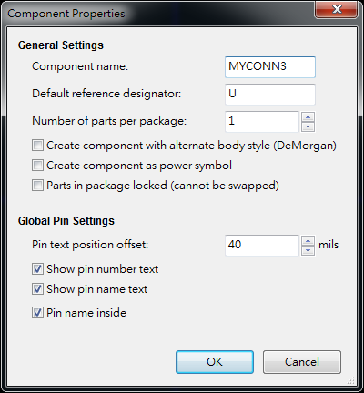 按下工具  "Create a new component"， 出現(xiàn)底下畫面， 按下OK后， 產(chǎn)生MYCONN3/U? 文字重迭在一在， 把它們分開(用mouse選擇并按下"M"， 即可移動(dòng))