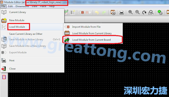 進入Module Editor去載入其他Footprint(Module)進來， 從目前的Active library (不過要先選取一個Current library ) 載入Module 或從目前正在編輯的PCB載入Module。