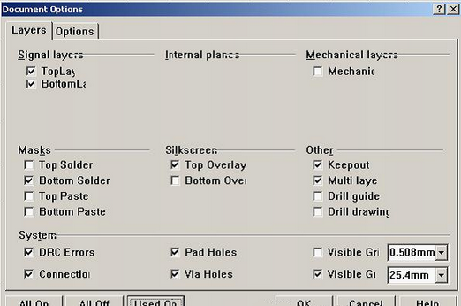 按“L”打開層設置窗口，打開各層圖形進行初步檢查，看文件有無設計上的問題或有無特殊的、在處理文件時需特別留意之處