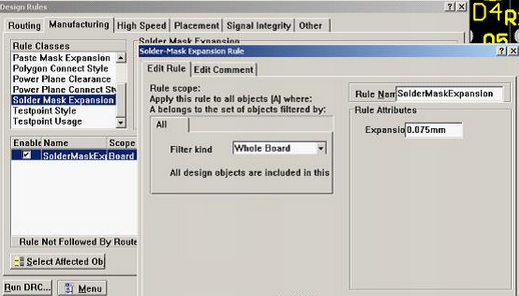 5. 而對于阻焊的調整則可以通過按D、R調出[Manufacturing]制作設計規(guī)則的[Solder-Mask Expansion Rule]設置項直接設定單邊放大值