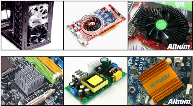 承載大電流的電路中功耗損失所產(chǎn)生的熱量應(yīng)梳離發(fā)熱器件以對(duì)抗溫升。大家都可能熟悉電腦處理器上使用的風(fēng)扇和散熱片。